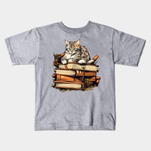 Bookish cat sleeping on books - Kitten lady & librarian gift Kids T-Shirt